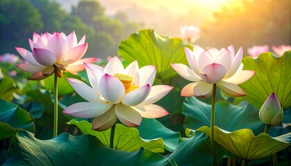 Obraz premium Radiant lotus blossoms in morning light