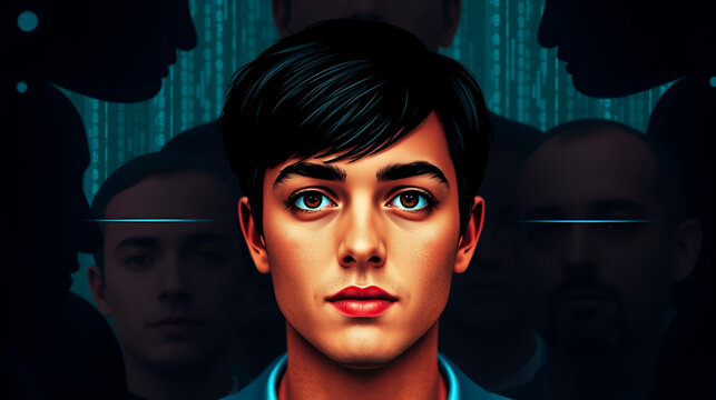 Central face surrounded by others to illustrate deepfakes and digital identity theft. Symbolic of AI deception, impersonation, and online privacy concerns.