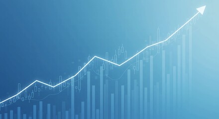 Stock market growth chart with upward trending line and bar graph.