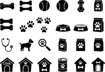 Naklejka premium Dog and pet care silhouette vector icons, food bowls, bones, paw prints, dog house, veterinary symbols, black design elements