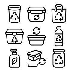 Black outline icons of recycling containers and a leaflabeled bottle.