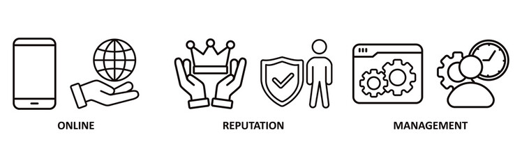 ORM icon set vector illustration for online reputation management with icon of internet, browser, winner, trust, favorite, and business