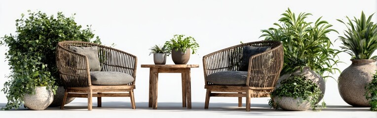 Obraz premium Outdoor patio setting with wicker armchairs, a wooden table, and various potted plants