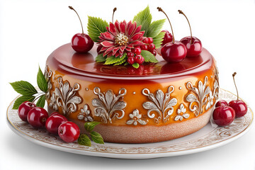 Beautifully decorated cake with intricate floral designs, topped with cherries and red flower arrangement, presented on decorative plate.