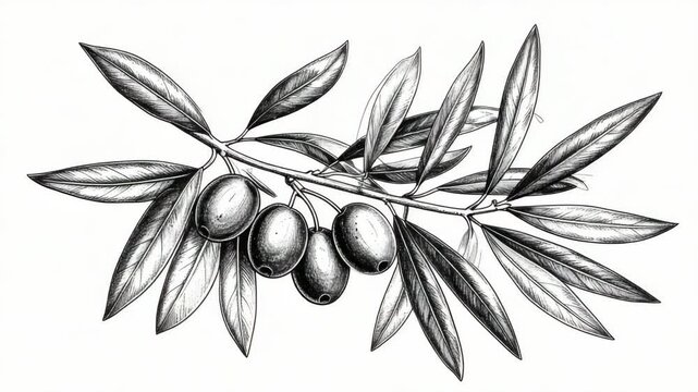Detailed monochrome botanical drawing of an olive branch with leaves and ripe fruits on white background, artistic illustration
