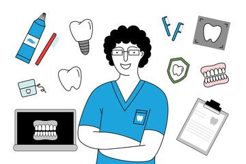 Vector illustration of a smiling dentist character surrounded by dental icons.