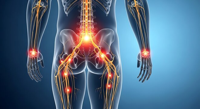 Lumbar spine and sciatic nerve anatomy illustration showing radiating nerve pain pathways.