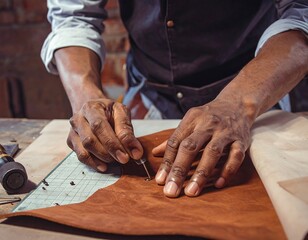 Leatherwork artisan meticulously crafting a leather piece