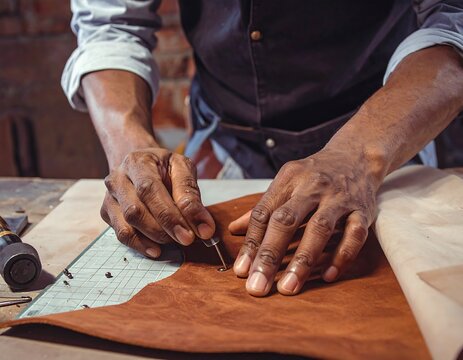 Leatherwork artisan meticulously crafting a leather piece