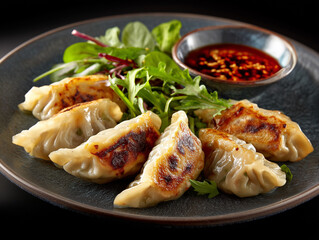 Delicious gyoza dumplings served with spicy sauce and fresh salad
