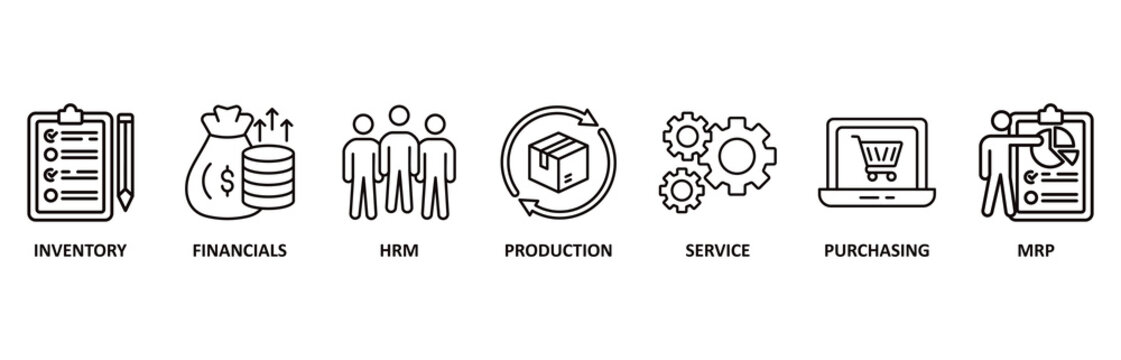 ERP icon set vector illustration for enterprise resource planning with icon of inventory, financials, hrm, production, service, purchasing, and mrp