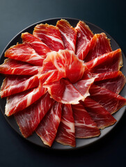 Slices of iberian ham beautifully arranged on a black plate