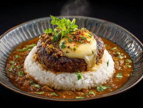 Steaming hambagu curry rice with melted cheese and parsley