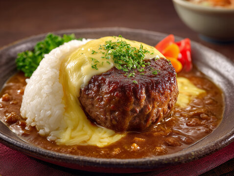 Delicious japanese hambagu steak with melted cheese and curry sauce over rice