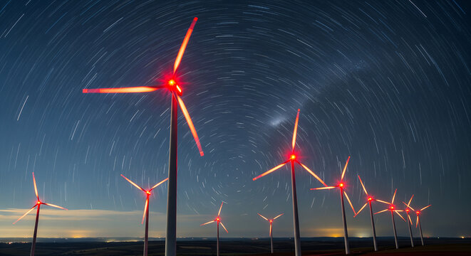 Long exposure shot of wind turbines at night with red lights, showing star trails in the sky