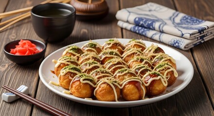 side view of takoyaki on wood table 