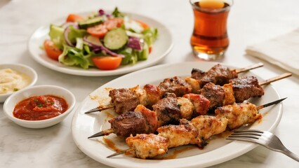 Fototapeta premium A plate of Turkish kebab with salad and tea fully shows the richness and attractive flavor of Turkish cuisine. 