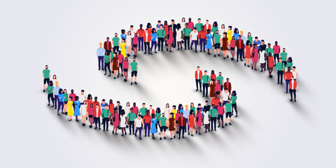 Large group of people in the shape of a swirl on white background. People crowd concept.