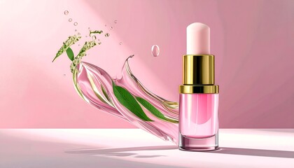 Pink cosmetic product with water splash and leaves