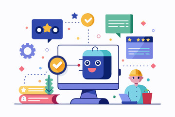 Flat Illustration of Customer Feedback with Chatbot and Star Rating