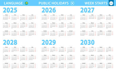 Calendar in Kazakh language for year 2025, 2026, 2027, 2028, 2029, 2030. Week starts from Monday.