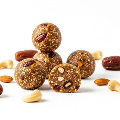 Vegan Date and Nut Energy Balls, Healthy Snack Bites on White

