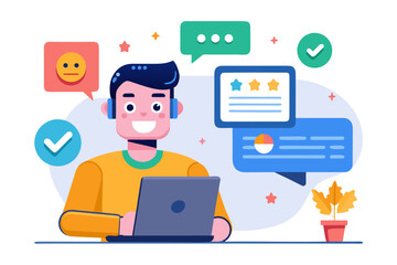 Flat Illustration of Customer Feedback with Chatbot and Star Rating