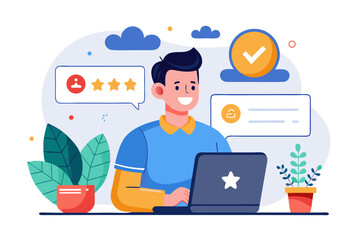 Flat Illustration of Customer Feedback with Chatbot and Star Rating