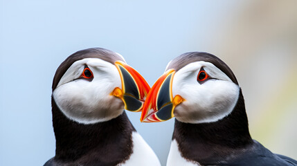 The Atlantic Puffins, members of the auk family, are seabirds also known as Common Puffins. Beautiful extreme close-up.