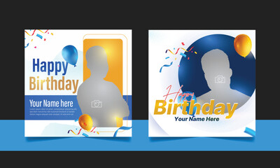 Social media birthday wishes post template, party invitation or greeting card, happy anniversary celebration square flyer web banner story design set