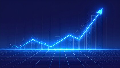 A vibrant, glowing blue arrow pointing upwards overlays a bar graph. The background is a dark blue with a subtle grid and particles