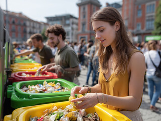 Volunteers sorting garbage in different recycling bins during a public event