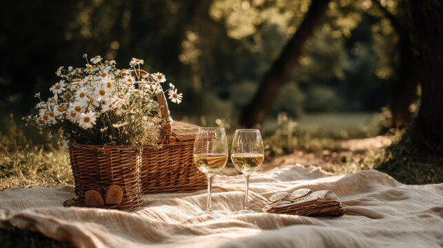 Romantic picnic in a park. A charming picnic scene with wine glasses, a basket, and flowers, inviting relaxation and coziness on a sunny summer day.