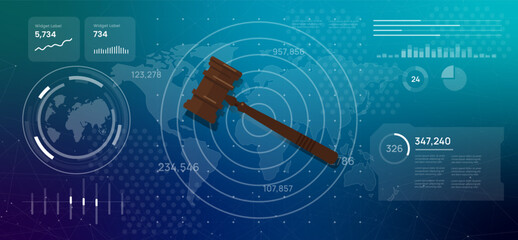 Futuristic digital dashboard displaying global legal data with a judge gavel integration of technology and justice ideal for topics of legal tech cyber law and global legal system