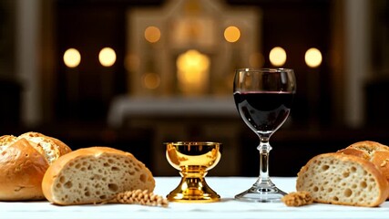 Bread, wine, and golden chalice for holy communion on church altar. Close-up with blurred background. Eucharist and christianity concept. Easter celebration banner