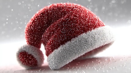 A close-up of a sparkling Christmas hat, featuring a vibrant red color and soft white trim, shimmering with drops of light, Ideal for holiday-themed marketing, greeting cards, or festive promotions,