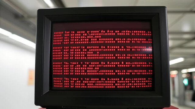 System error red glitch code computer screen modern indoor and industrial hallway, digital malfunction and warning message visible, tense atmosphere