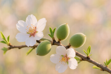 Obraz premium Almond Blossom Branch With White Flowers And Unripe Green Fruit In Spring Light