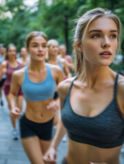 Fototapeta premium Group of female athletes running a marathon in the city