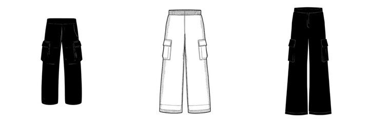 A fashion flat sketch for Tech Pack featuring nylon wide long pants is shown from the front view, showcasing a street style multi-pocket design in black and white modern graphics for garment