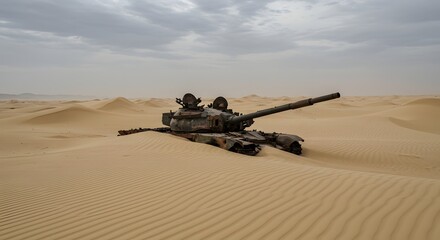 Abandoned Tank in Desert Sand Battlefield