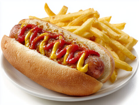 Hot dog with french fries, ketchup and mustard on white background