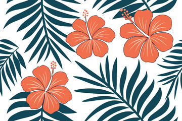 Orange Hibiscus Flowers and Teal Palm Leaves on White