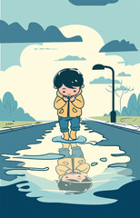 Cute Child Playing in Autumn Puddle Illustration
