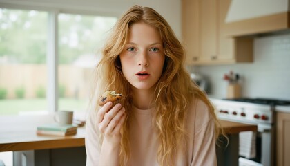 Redheaded woman talking while eating a muffin at home