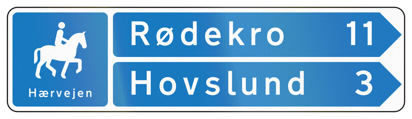 Danish direction road sign - Equestrian route to Rodekro and Hovslund