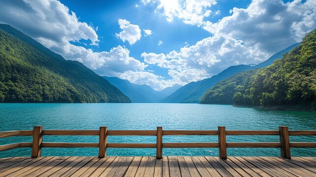 Vast mountain lake under a bright blue sky with fluffy clouds
