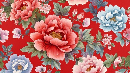 Traditional chinese peony flower pattern on red background