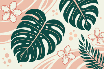 Dark Green Monstera Leaves With Pink Flowers And Circles