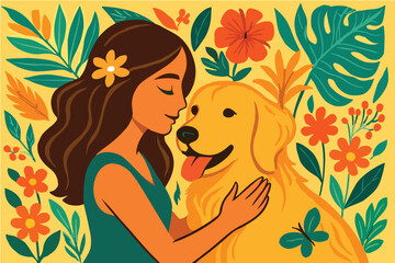  girl with Golden Retriever in floral background